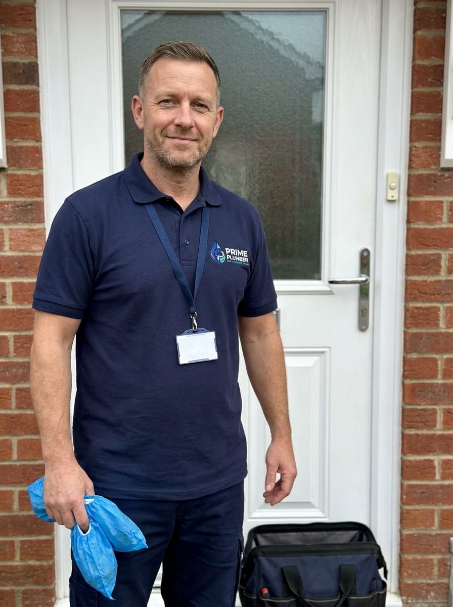 The plumber from Prime Plumber Southampton at a customer's front door in a branded polo shirt