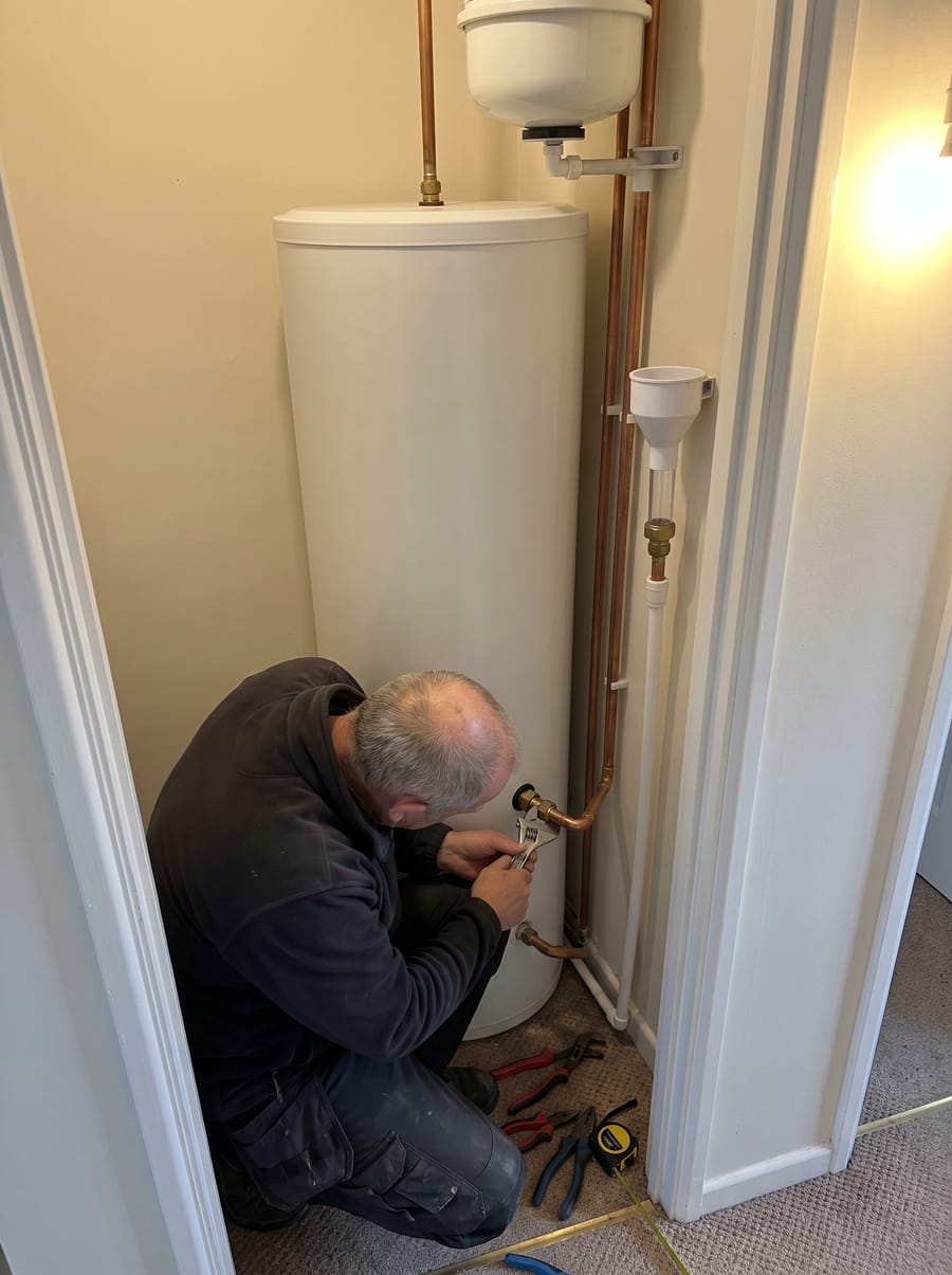 An engineer working on an indoor hot water cylinder